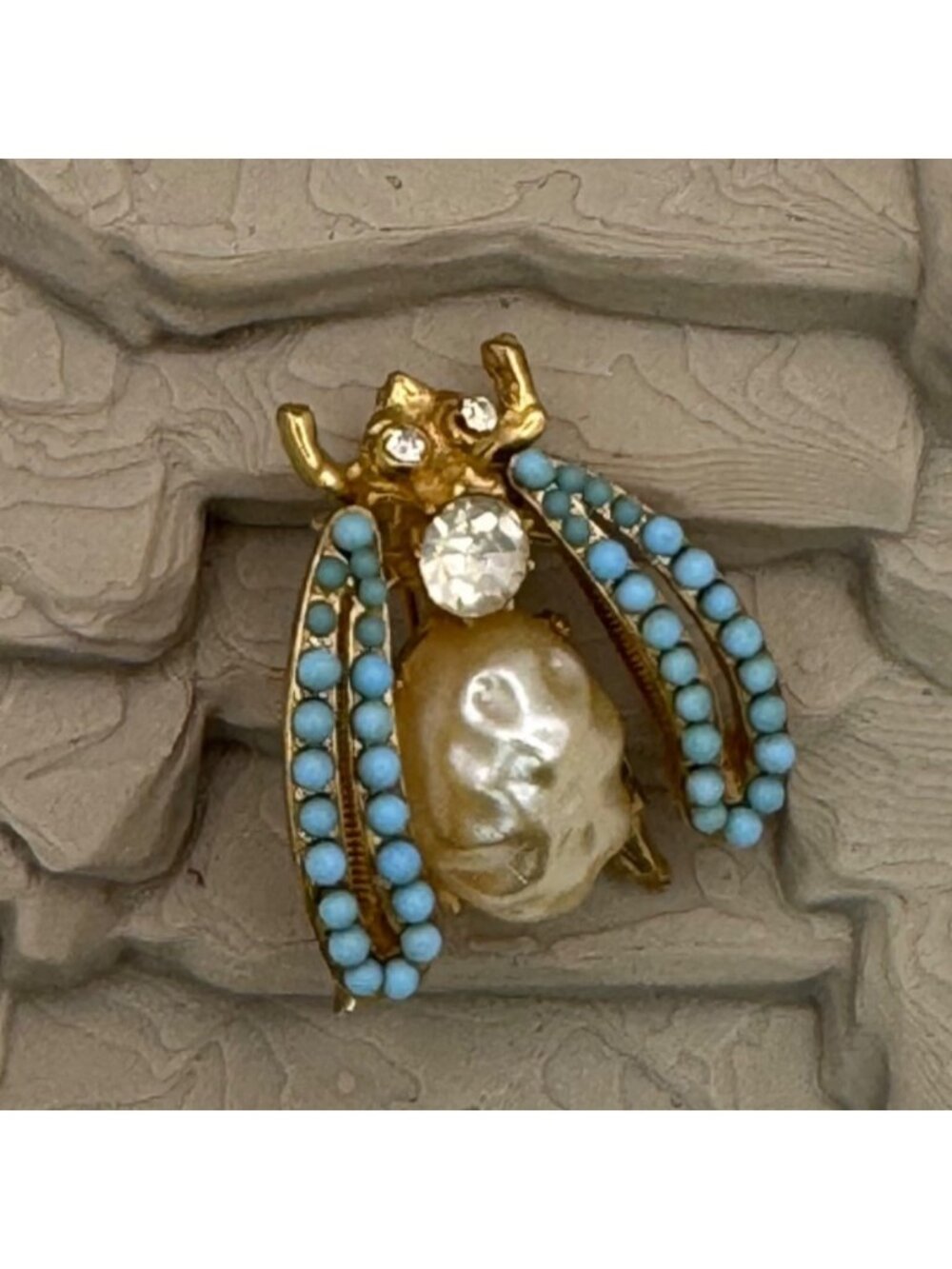 Florenza Fly Bug Brooch Faux Pearl Body Turquoise Bead Wings Rhinestone Vintage